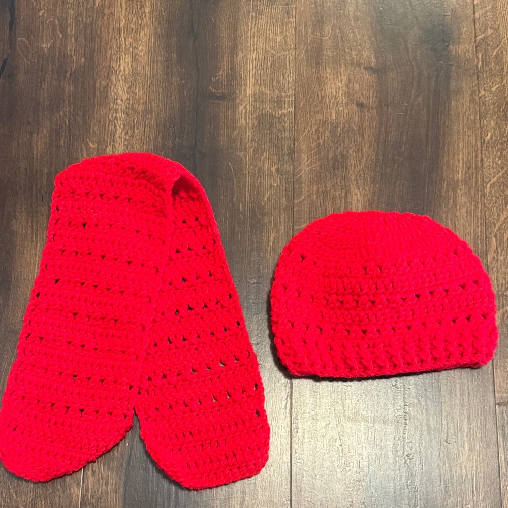 Red Crochet Kids Hat and Scarf Set